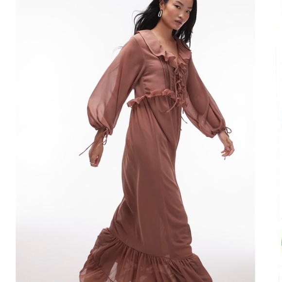 Topshop Long Sleeve Ruffle Layered Maxi Dress Pintuck Detail Spice Womens US 2 - Picture 2 of 7